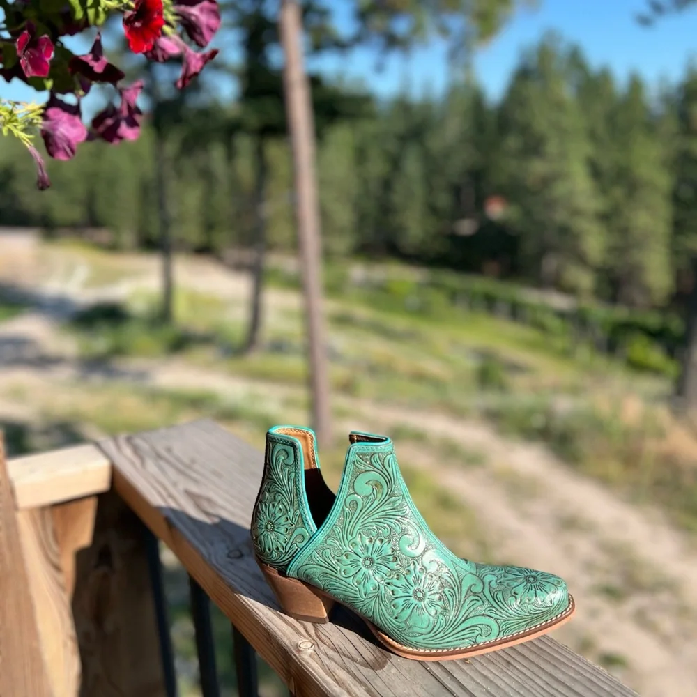 🔥Hand Tooled Genuine Leather Women Bootie Boot Boho Western Shoe Teal Turquoise - Picture 5 of 11